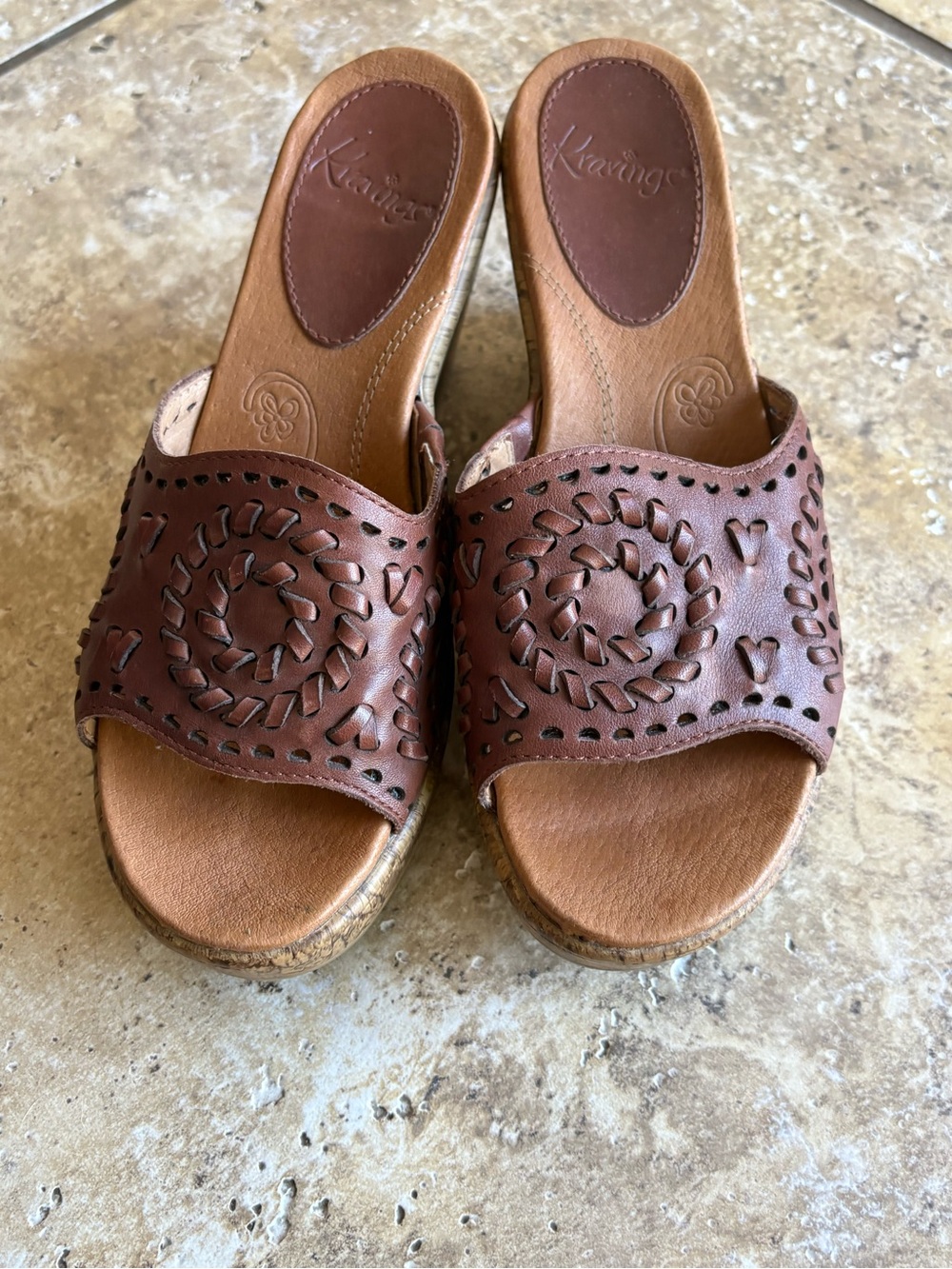 Kravings by clogs- Brown Leather Slide wedg with Decorative Cutwork